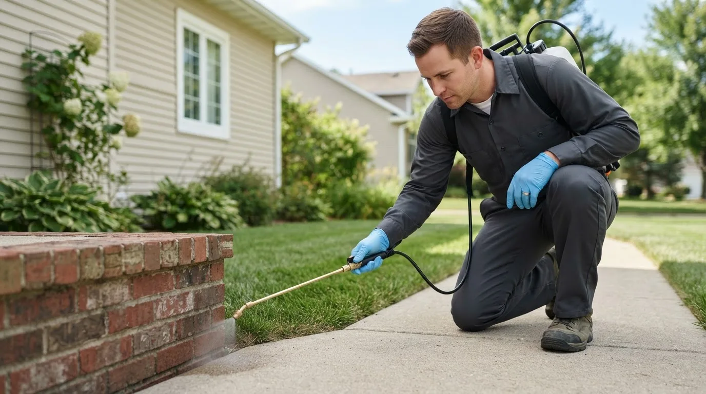 Pest control technician treating a home near Maysville, OK