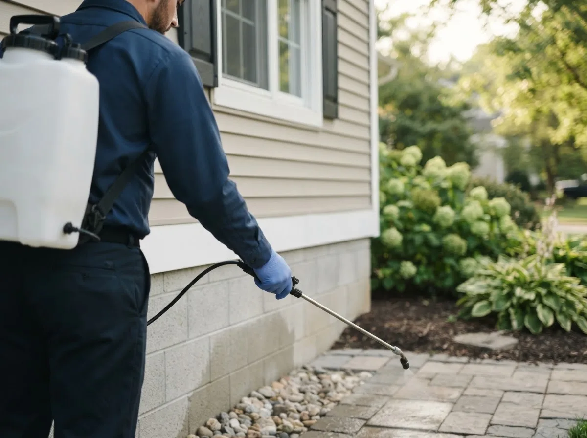 Pest control technician inspecting a home in Maysville, OK